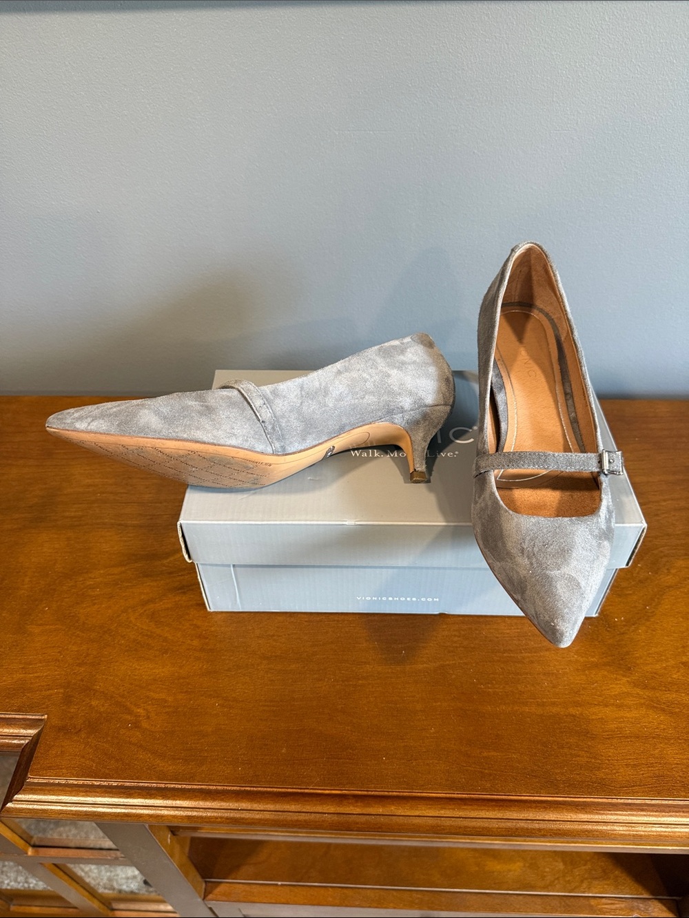 Vionic Grey Suede Pointed-Toe Mary Jane Heels